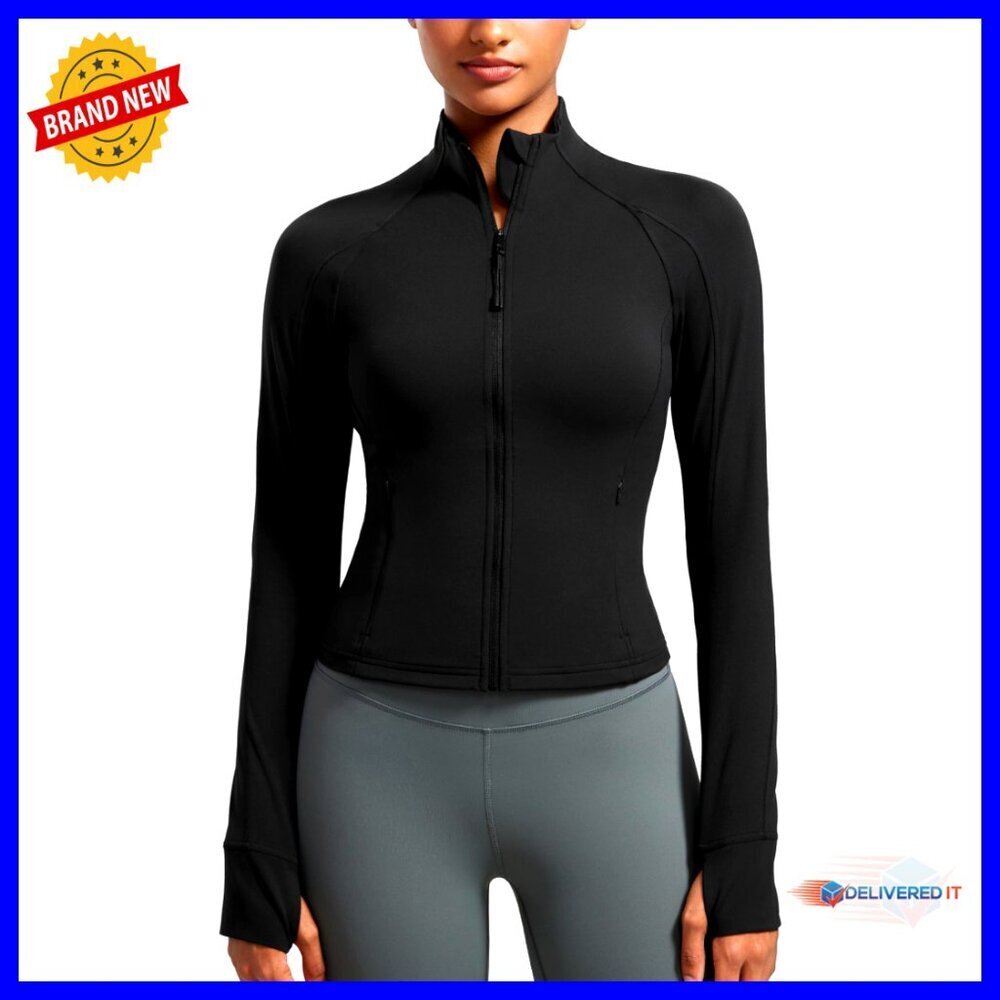 Slim Fit Cropped Athletic Jacket with Thumbholes and Pockets for Workouts